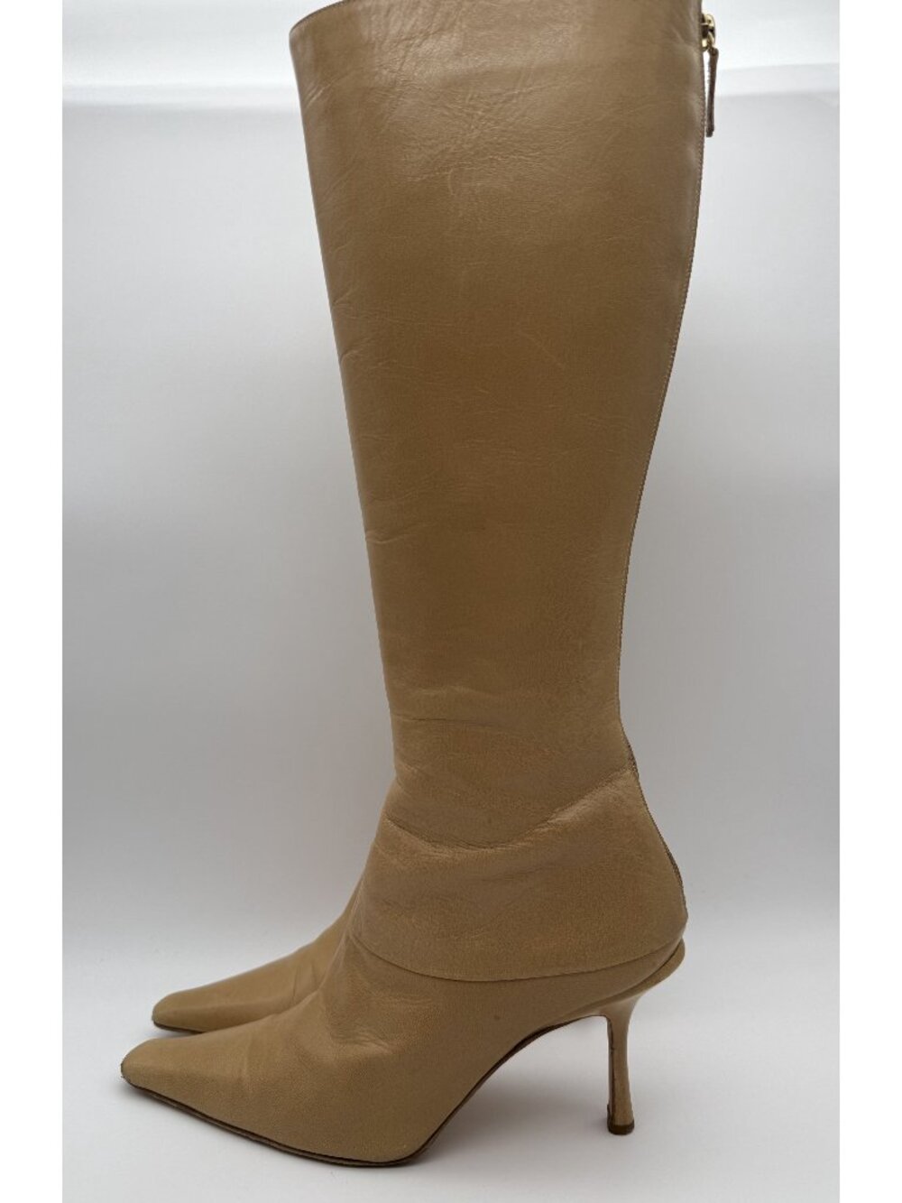 Jimmy Choo Tan Leather Knee-High Boots Kitten Heel Back Zip Size 37.5 / US 7.5